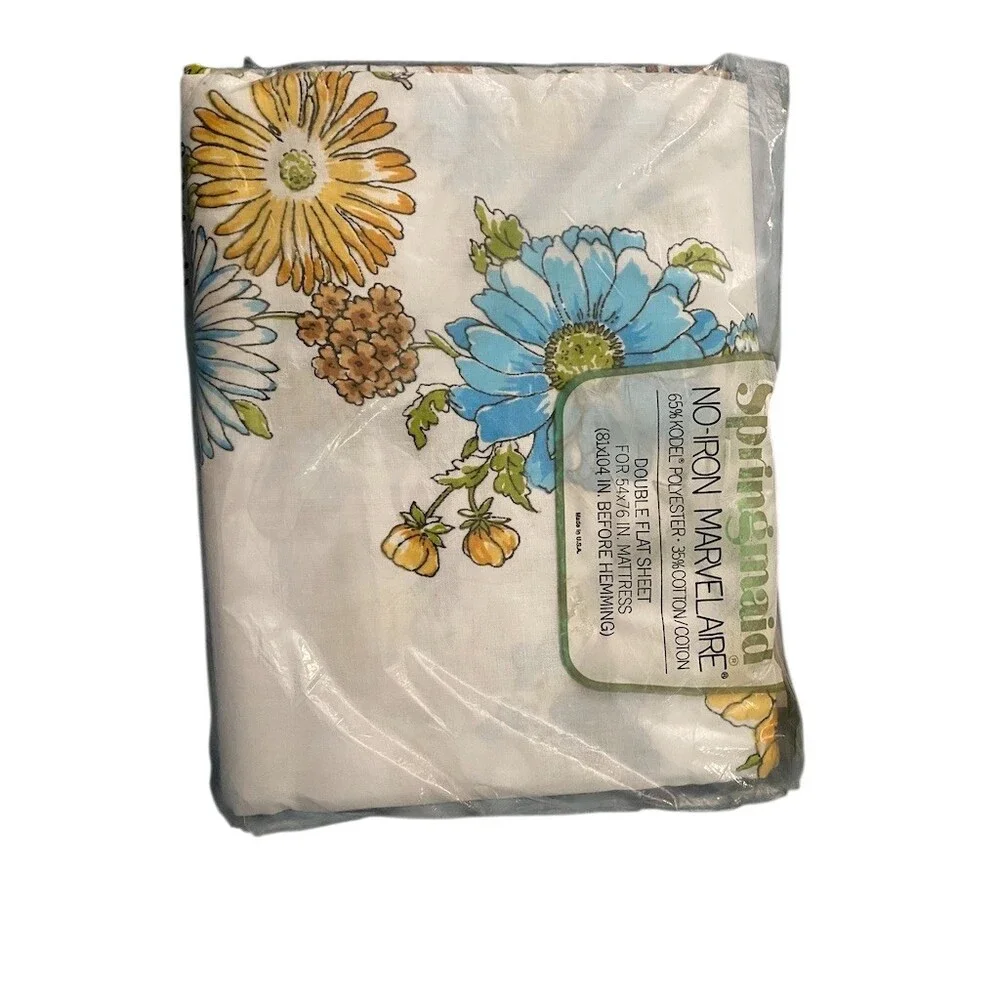 Springmaid Flat Sheet Double/Full White Full Bloom Floral Vintage